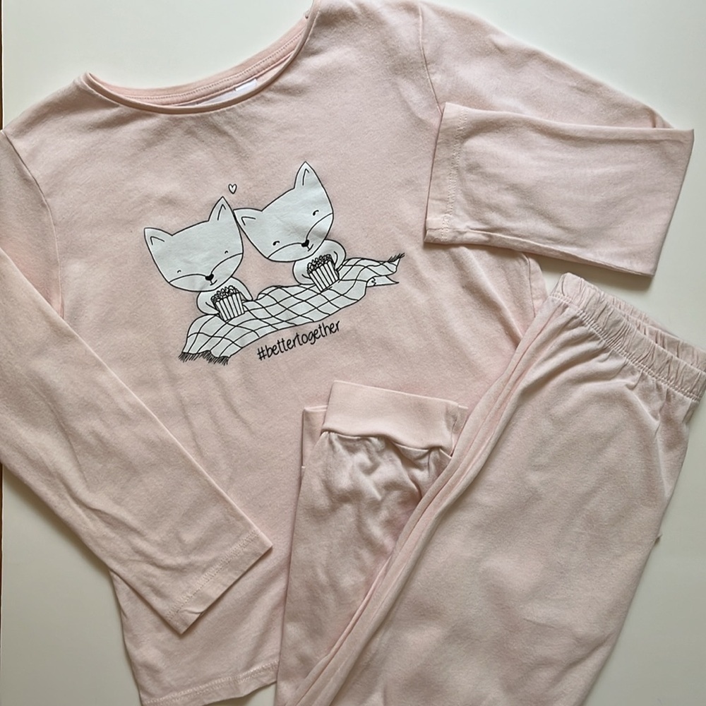 Size 5-6Y 100% Cotton Lightweight Pale Pink Fox Girls Pajamas PJs Set Top Pants